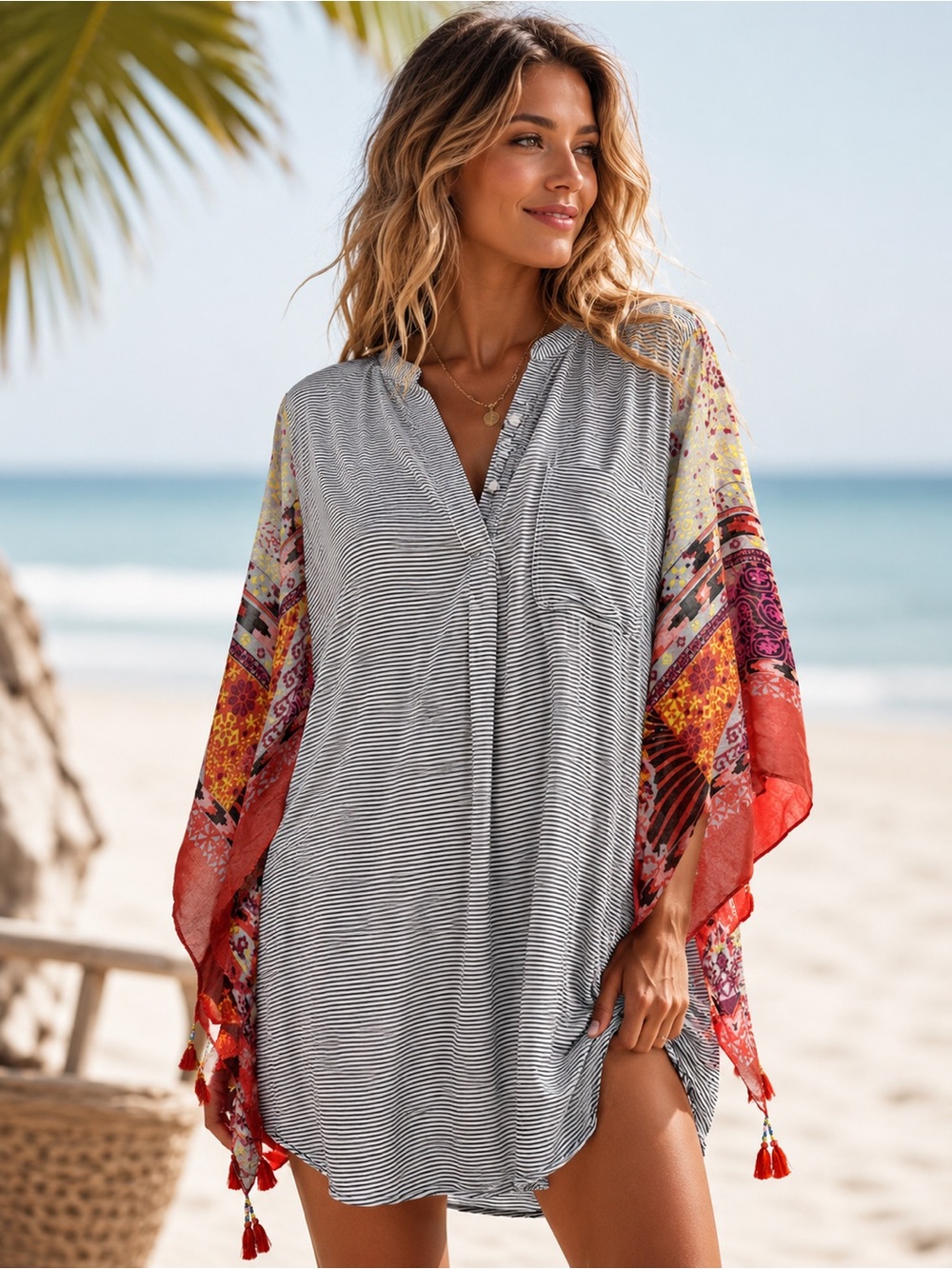 Handmade Upcycled Boho Swim Cover-Up Dress Tunic Striped Tassel Sleeve Festival